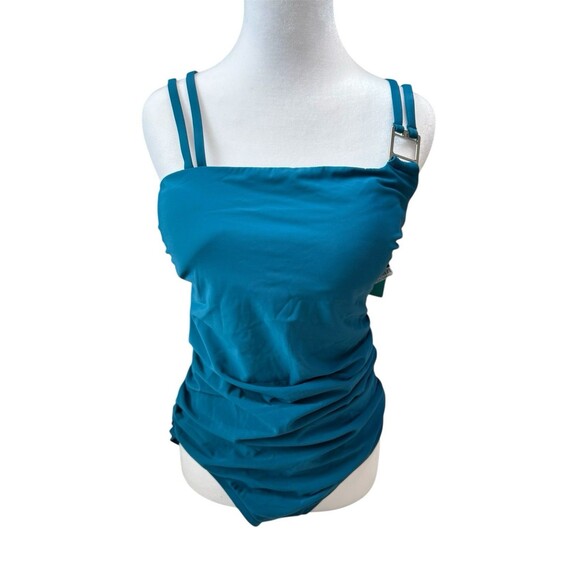 Aqua Green Women's Double Strap Asymmetrical One Piece Swimsuit Teal Green Large - Picture 1 of 7